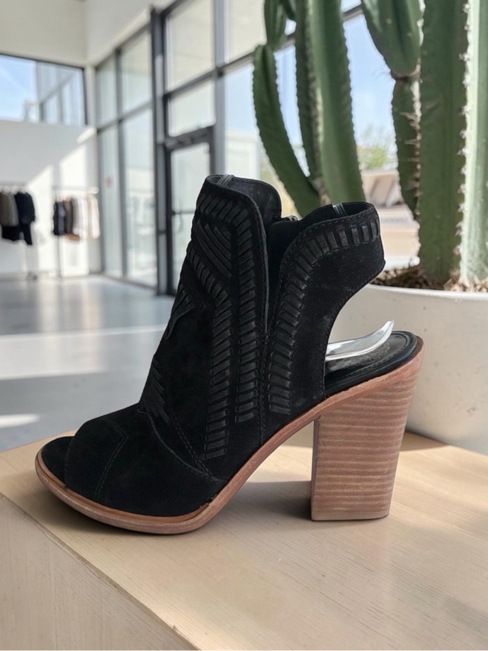 Vince Camuto Black Suede Open-Toe Block Heel Booties